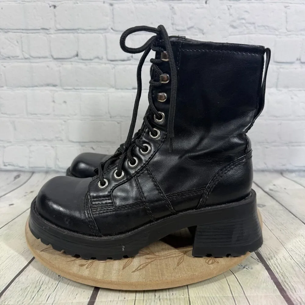 Vintage Y2K Grunge Goth Combat Boots Black Women Size 8 Chunky Platform Lug Sole